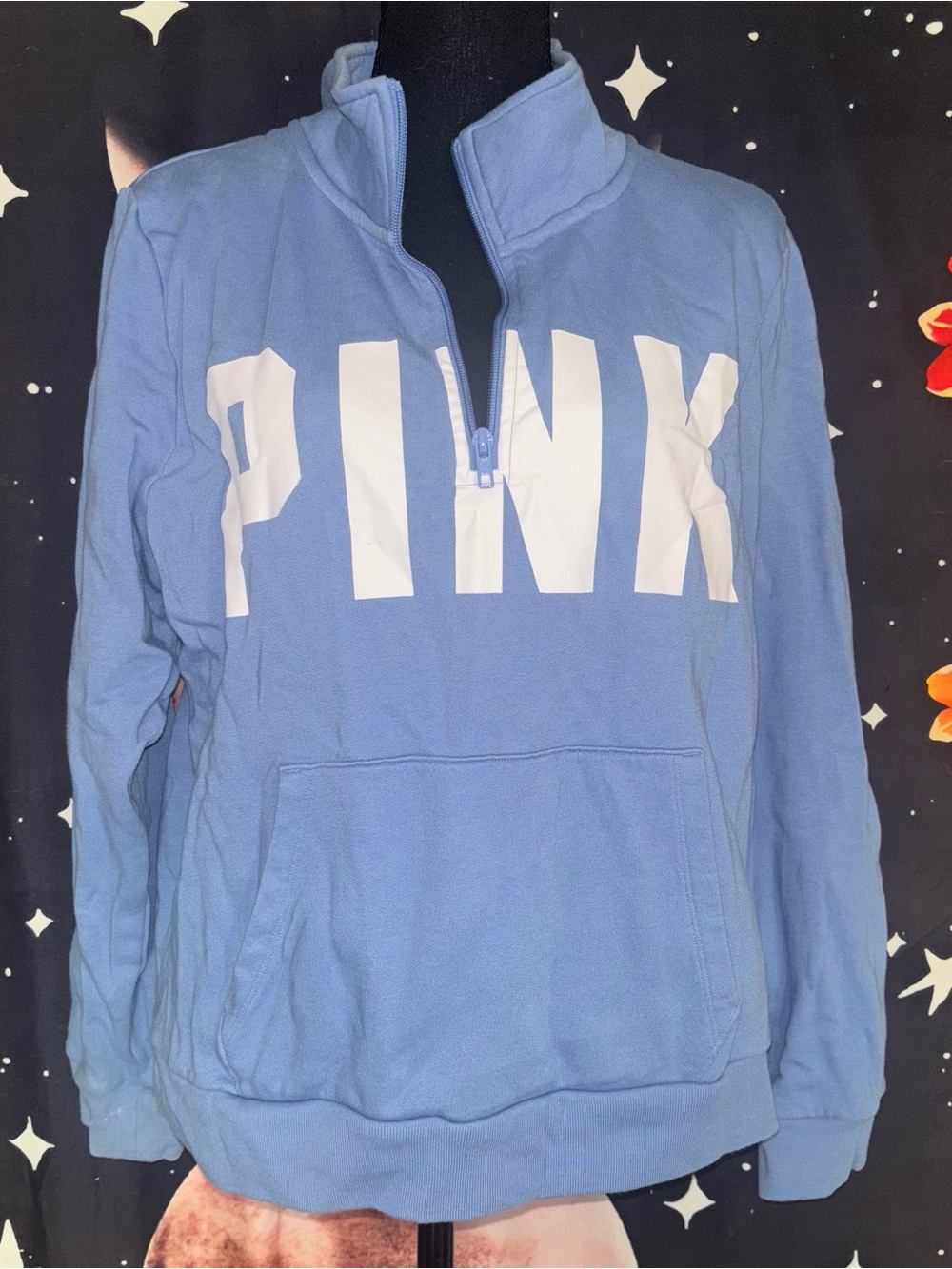 PINK Victoria's Secret Light Blue Half-Zip Pullover with White Logo